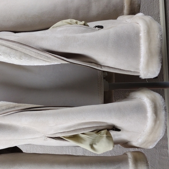 BGSD Est. 1990 Cream Faux Suede Hooded Long Sleeve Zip Up Mid Length Winter Coat - Picture 4 of 11